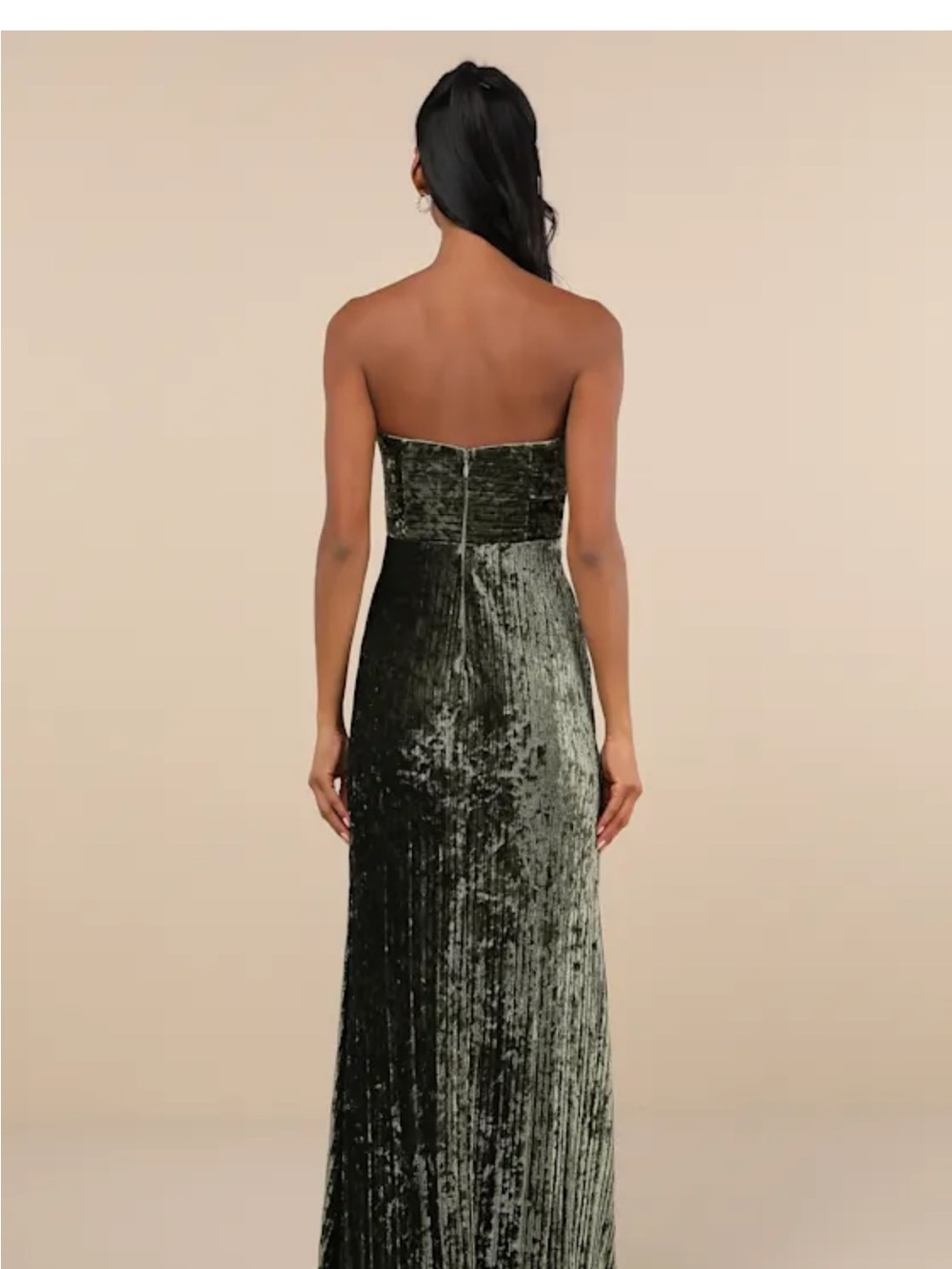 Lulu's Olive Green Velvet Strapless Gown with Side Slit - Picture 2 of 6
